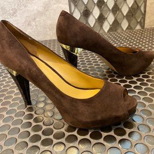 Nine West HotNHere Brown Leather Suede Peep-Toe